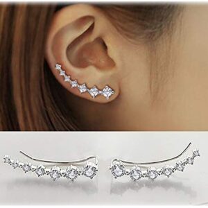 7 Crystals Ear Cuffs Hoop Climber S925 Sterling Silver Earrings Hypoallergenic Earring (White)