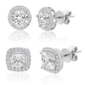 Lesa Michele Rhodium Plated 925 Sterling Silver Cushion & Round Shaped Cubic Zirconia Halo Stud Earrings for Women 2 Pair Earring Set White