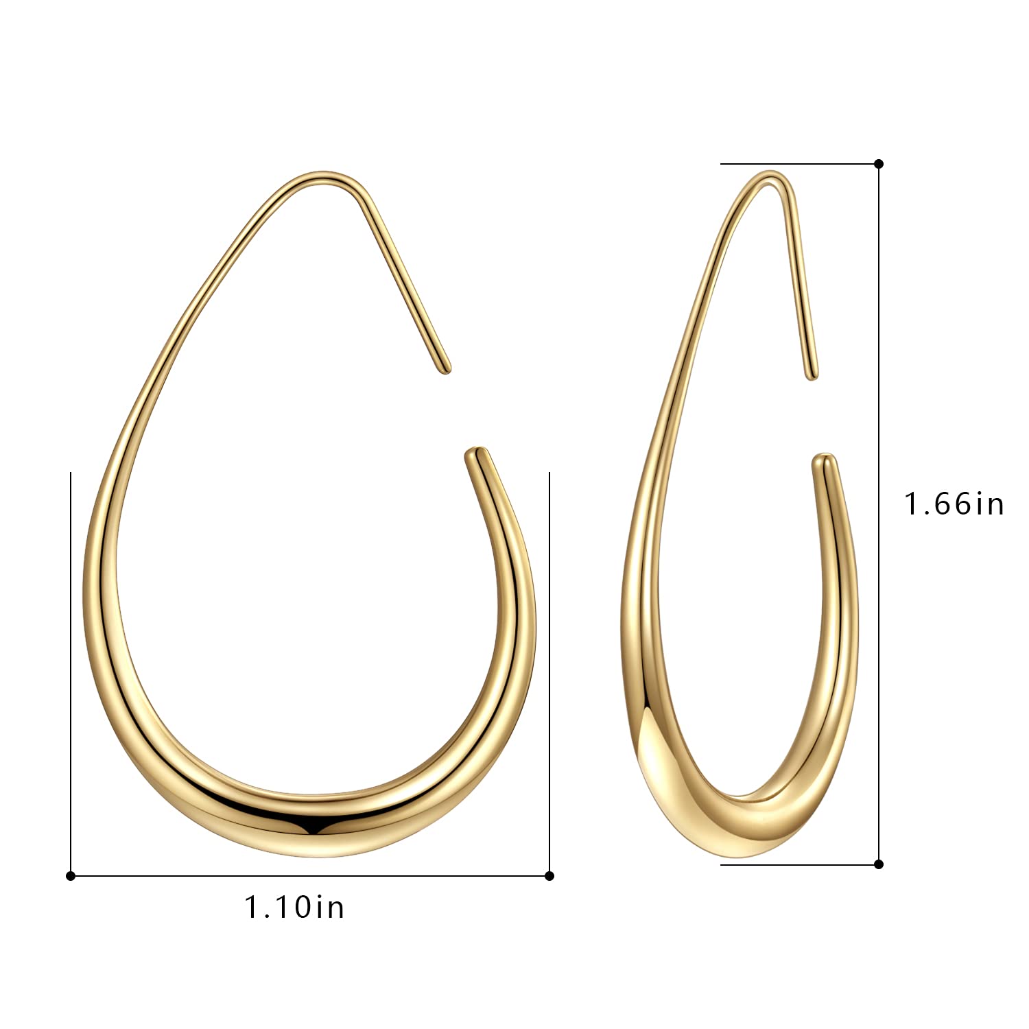 Lightweight Teardrop Hoop Earrings for Women - 14k Gold/White Gold Plated Large Oval Pull Through Hoop Earrings High Polished Statement Jewelry Gift for Women Teen Girls