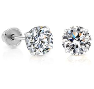 14k white gold solitaire cubic zirconia stud earrings with secure screw-backs (4mm)