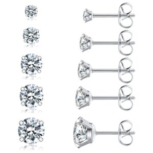 5 pairs stud earrings set, hypoallergenic cubic zirconia 316l earrings stainless steel cz earrings 3-8mm (steel color)