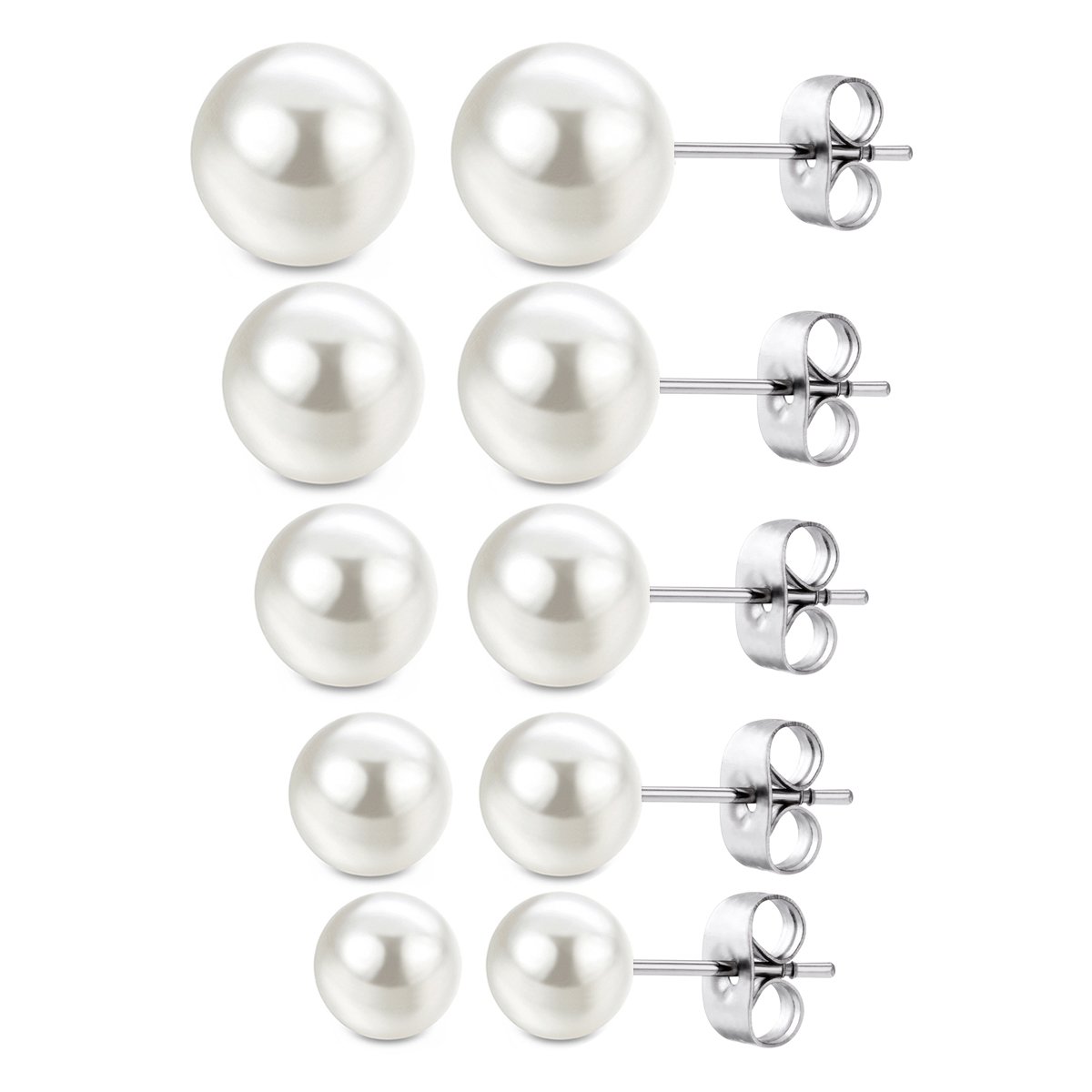 JewelrieShop Faux Pearl Earrings Hypoallergenic Stainless Steel Imitation Stud Pearl Earrings for Women - 5 Pairs (White)