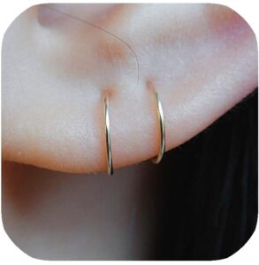 14k gold filled small hoop earrings for cartilage nose, tiny thin 7mm piercing hoop ring 22 gauge