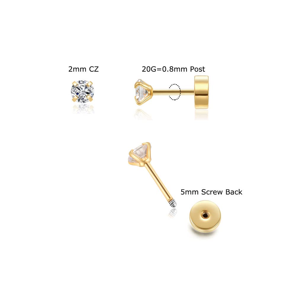 Tiny 2mm CZ Stud Earrings 14K Gold,Flat Screw Back Cubic Zirconia Earrings Helix Earrings Cartilage Tragus Piercing Jewelry Gift for Women(2mm CZ, Gold)