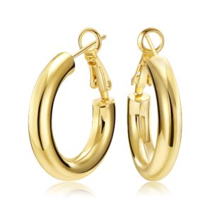 shownii chunky gold hoop earrings, 14k gold plated medium chunky tube hoop earrings for women lightweight thick hoops