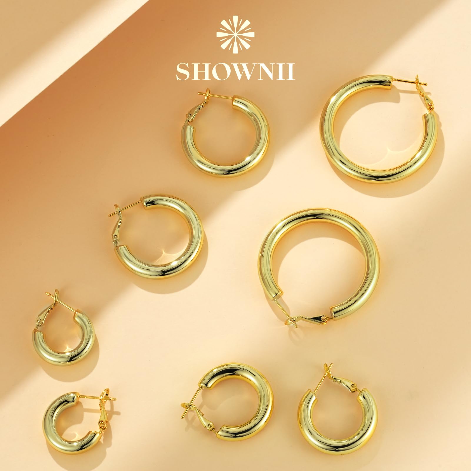 SHOWNII Chunky Gold Hoop Earrings, 14K Gold Plated Medium Chunky Tube Hoop Earrings for Women Lightweight Thick Hoops