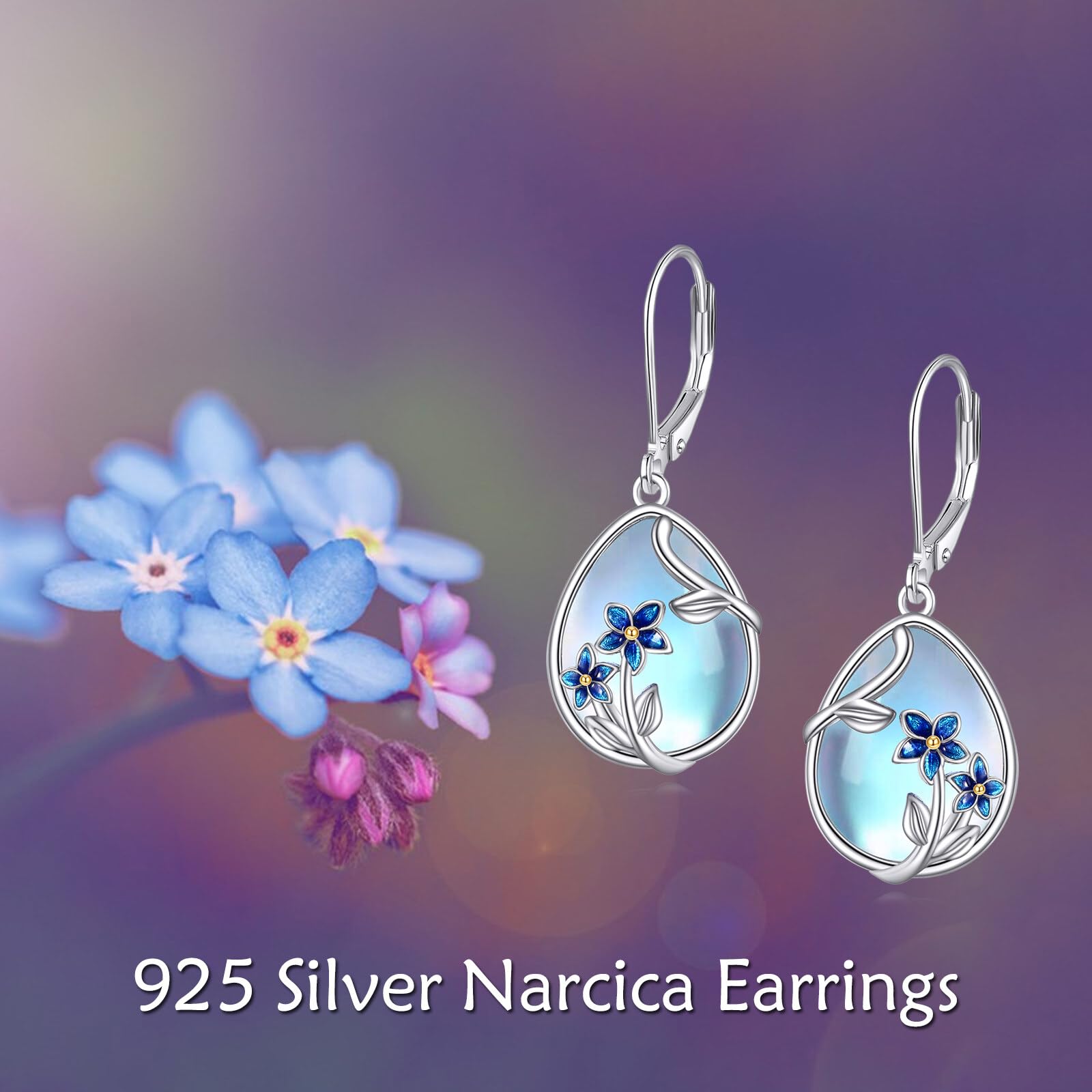 YFN Moonstone Earrings with Forget-Me-Not Sterling Silver Flower Teardrop Drop Dangle Leverback Earrings Gift for Women