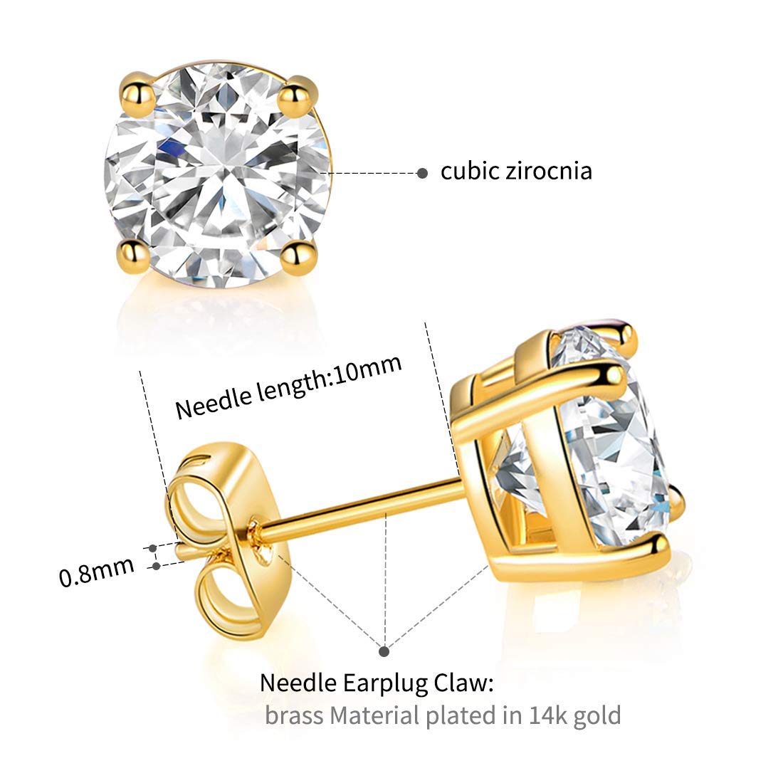 6 Pairs 14K Yellow Gold Plated Round Cut Clear Cubic Zirconia Stud Earring Pack