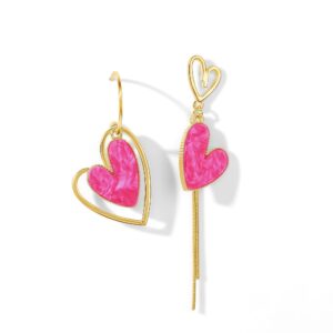 poptopping gold asymetrical heart earrings pink heart dangle earrings love heart drop earrings for women birthday valentine's day mother's day gift (hot pink)