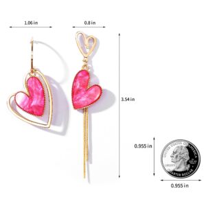 PopTopping Gold Asymetrical Heart Earrings Pink Heart Dangle Earrings Love Heart Drop Earrings For Women Birthday Valentine's Day Mother's Day Gift (Hot Pink)