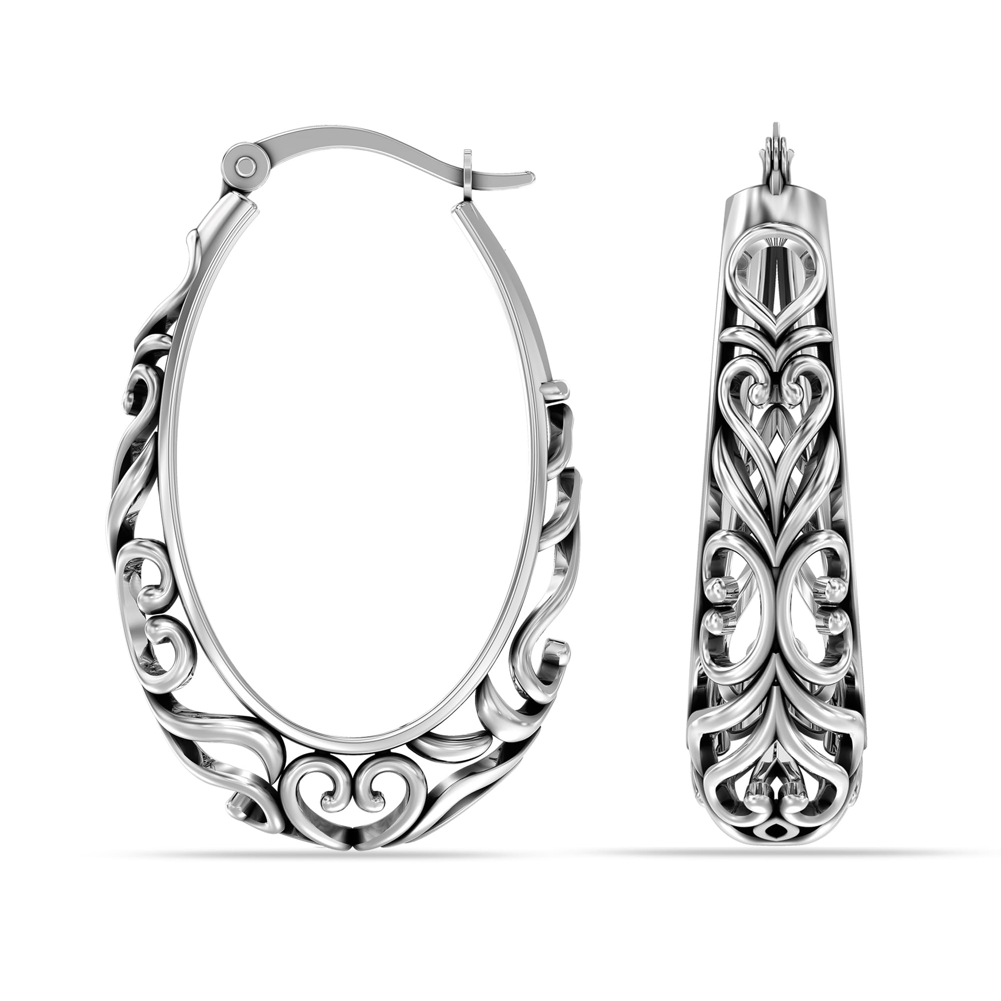 LeCalla 925 Sterling Silver Filigree Hoop Earrings Italian Antique Oxidized Oval Lightweight Click-Top Hoops for Women - 32MM