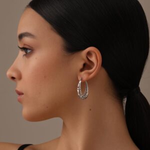 LeCalla 925 Sterling Silver Filigree Hoop Earrings Italian Antique Oxidized Oval Lightweight Click-Top Hoops for Women - 32MM