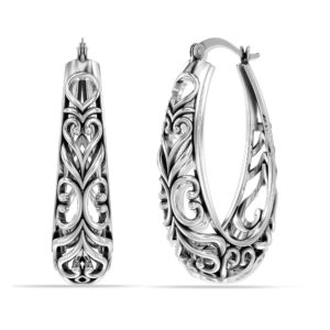 LeCalla 925 Sterling Silver Filigree Hoop Earrings Italian Antique Oxidized Oval Lightweight Click-Top Hoops for Women - 32MM