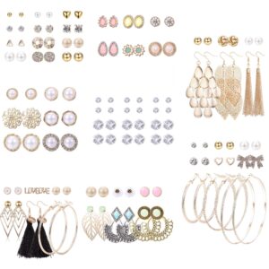 LOYALLOOK 63 Pairs Assorted Multiple Stud Earrings for Women Simple Cute Flower Big Hoop Earrings Moon Geometric Leaf Arrow Bow CZ Ball Heart Faux Pearl Earrings Set (63 pairs a set)