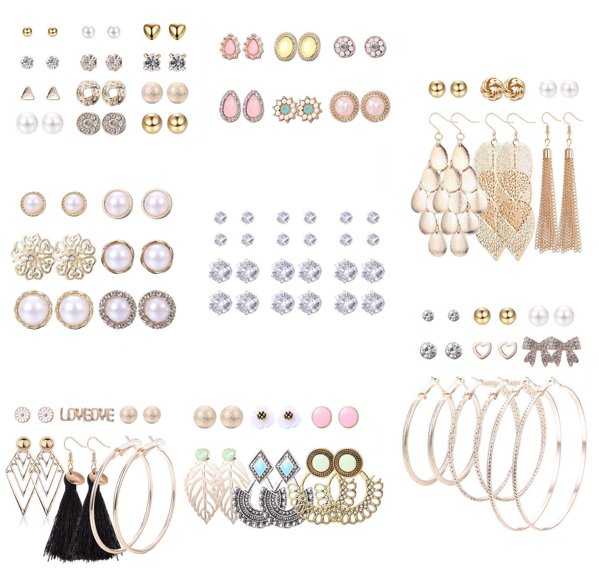 LOYALLOOK 63 Pairs Assorted Multiple Stud Earrings for Women Simple Cute Flower Big Hoop Earrings Moon Geometric Leaf Arrow Bow CZ Ball Heart Faux Pearl Earrings Set (63 pairs a set)