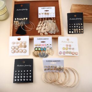 LOYALLOOK 63 Pairs Assorted Multiple Stud Earrings for Women Simple Cute Flower Big Hoop Earrings Moon Geometric Leaf Arrow Bow CZ Ball Heart Faux Pearl Earrings Set (63 pairs a set)