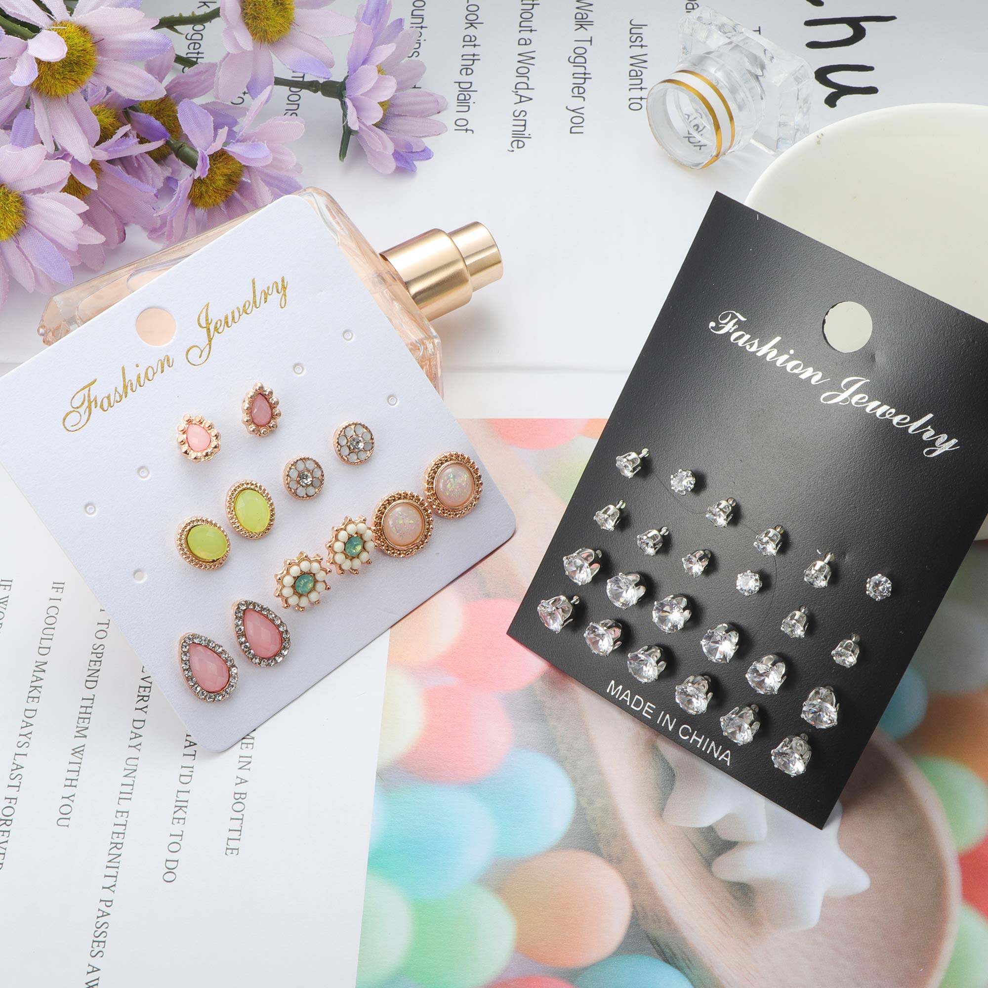 LOYALLOOK 63 Pairs Assorted Multiple Stud Earrings for Women Simple Cute Flower Big Hoop Earrings Moon Geometric Leaf Arrow Bow CZ Ball Heart Faux Pearl Earrings Set (63 pairs a set)