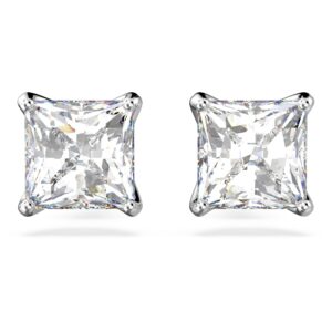 swarovski attract square stud pierced earrings with clear crystals on a rhodium plated setting with butterfly back closure