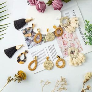 Ponpon 6 Pairs Rattan Earrings, Lightweight Summer Straw Earrings Fashion Geometric Statement Hoop Dangle Drop Zinc Earrings for Women