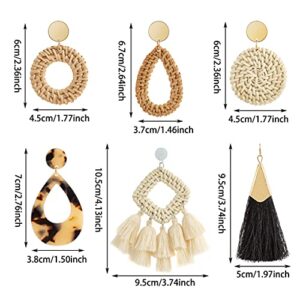 Ponpon 6 Pairs Rattan Earrings, Lightweight Summer Straw Earrings Fashion Geometric Statement Hoop Dangle Drop Zinc Earrings for Women