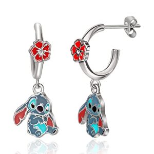 Disney Girls Lilo & Stitch Hoop Earrings - Enamel Hibiscus Flower & Stitch Brass Dangle Earrings - Officially Licensed