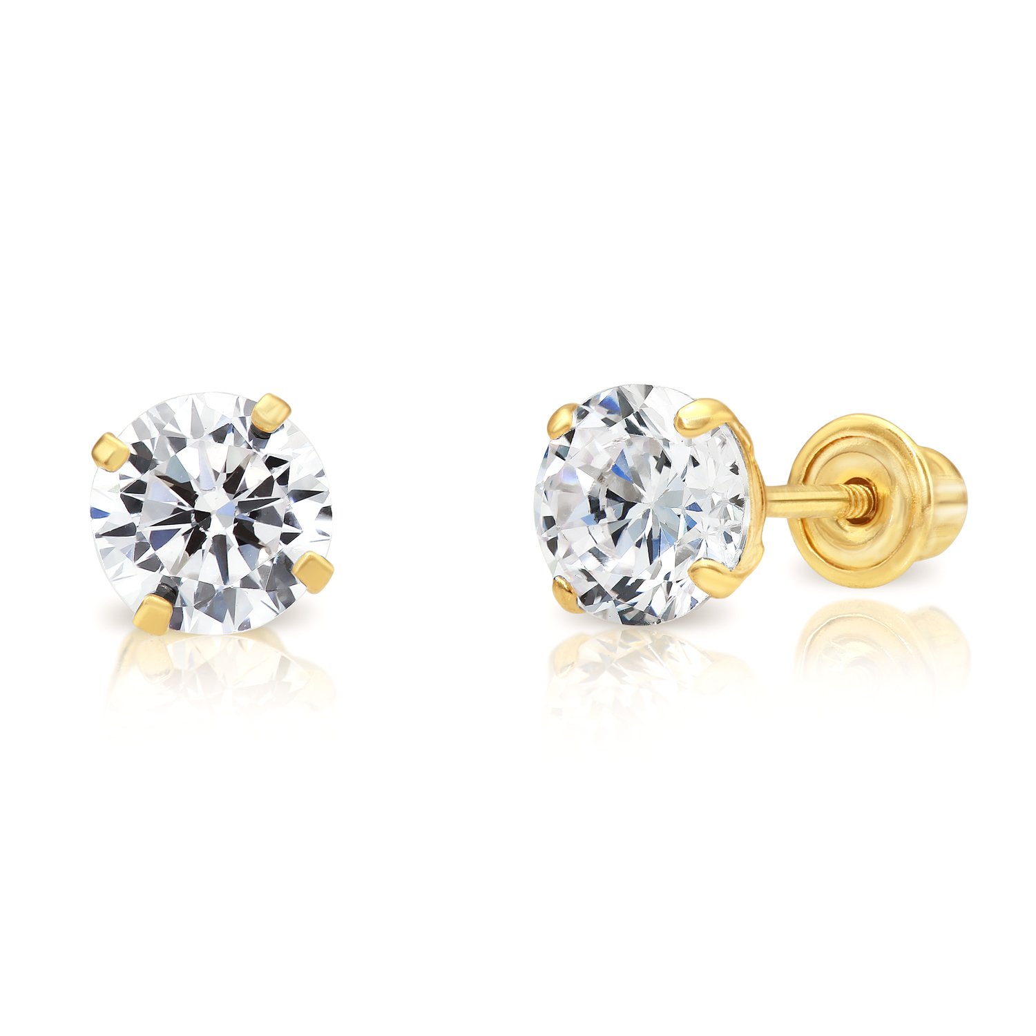 14k Yellow Gold Solitaire Cubic Zirconia Stud Earrings with Screw Backs (5mm)