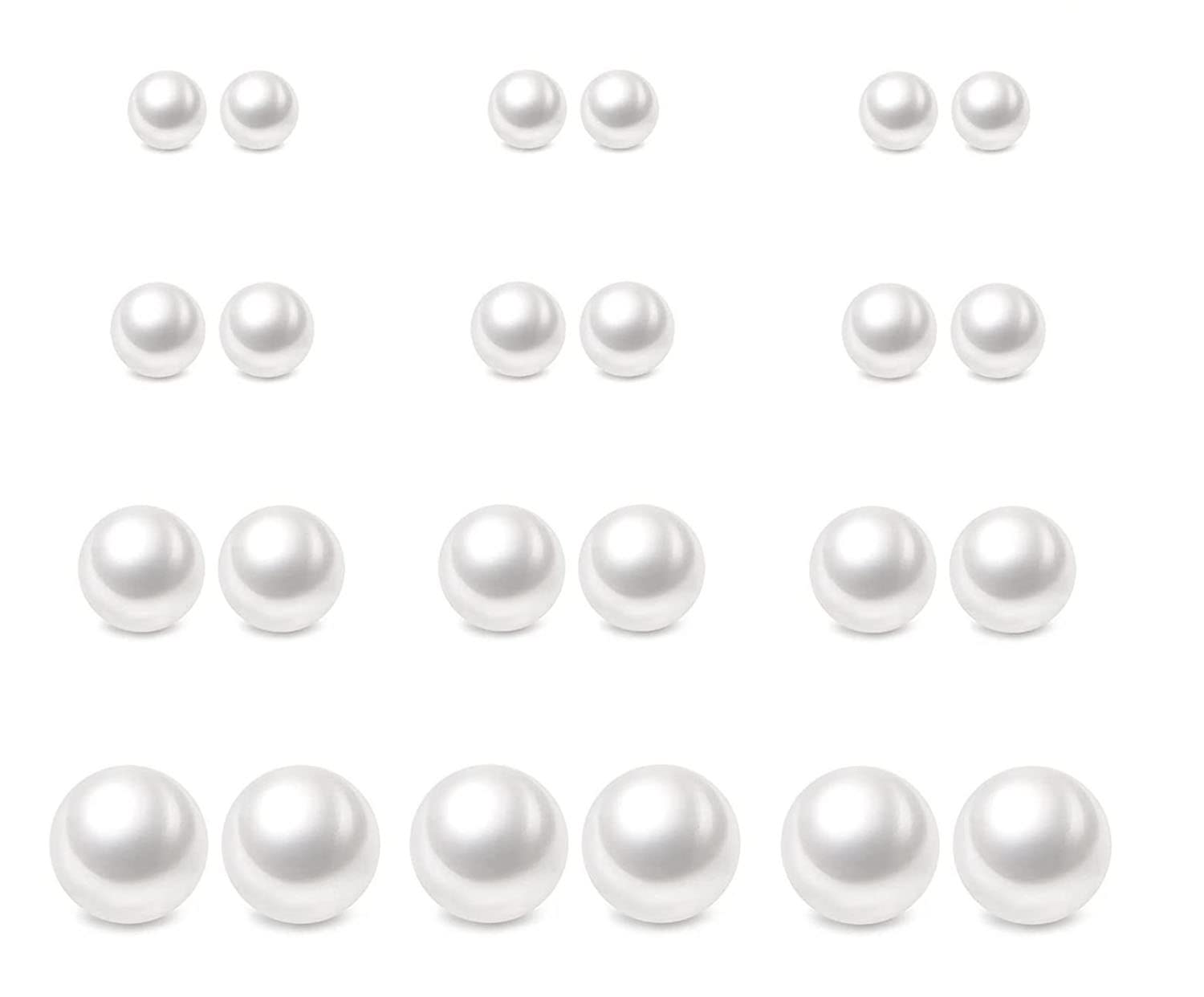 12 Pairs Pearl Stud Earrings, Hypoallergenic Surgical Steel Round Ball Beads Stud Earrings Set for Women Teen Girls（6mm 8mm 10mm 12mm）