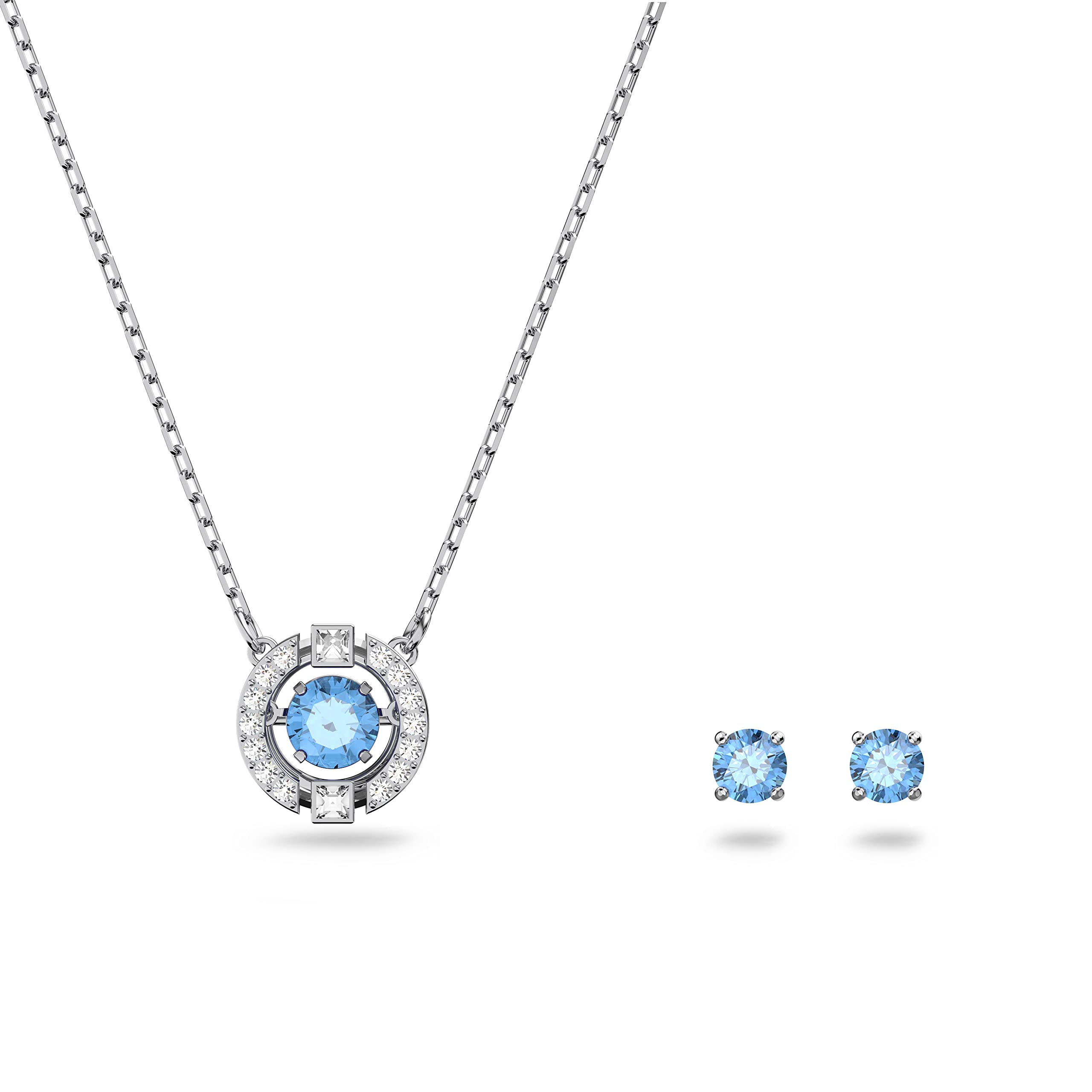 SWAROVSKI Sparkling Dance Round Pendant Necklace and Stud Pierced Earrings Set with Blue Crystals on a Rhodium Plated Setting