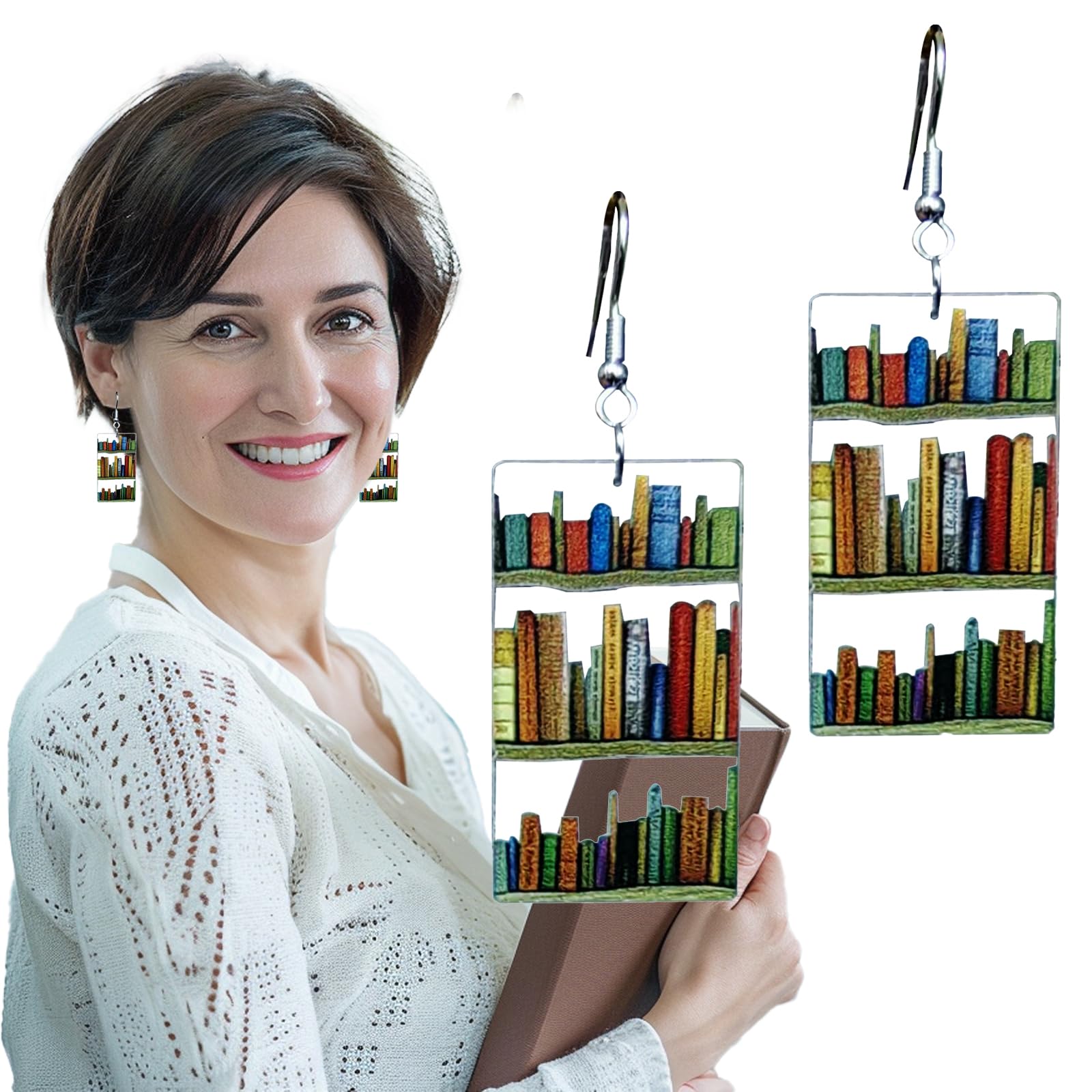 Bookcase Earrings, Book Dangle Earrings for Women Book Lover, Bookshelves Earrings Acrylic (Bookcase)