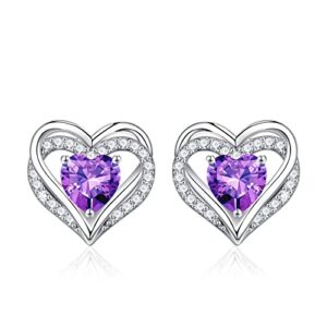 Iefil Earrings for Women, 925 Sterling Silver February Birthstone Purple Amethyst Heart Stud Earrings for Women Wife Mothers Day Anniversary Valentines Day Birthday Gifts for Women Jewelry