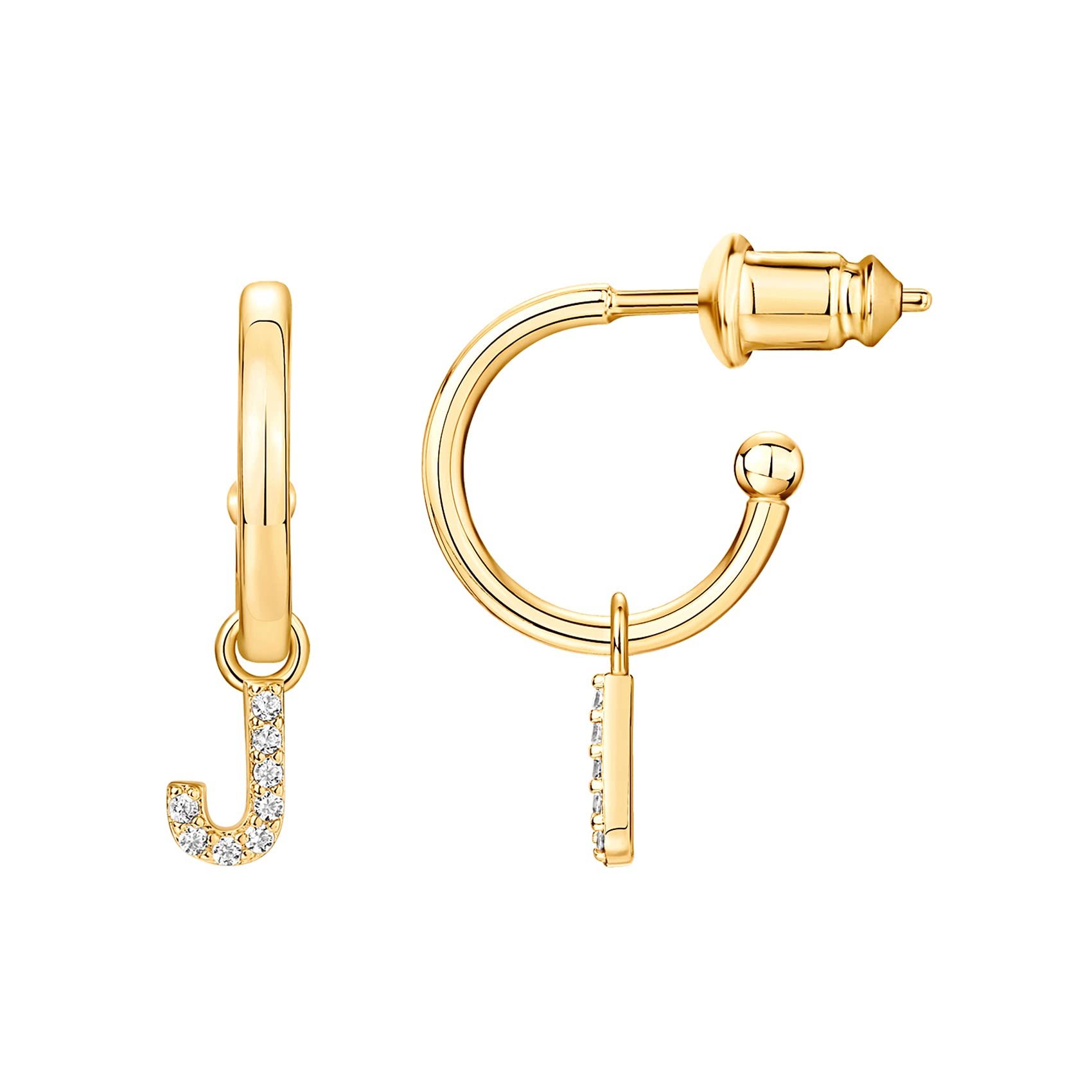 PAVOI 14K Yellow Gold Plated 925 Sterling Silver Post Huggie Earring With Initial Dangle |CZ Initial Huggie Hoop Earrings | Womens Cubic Zirconia "J" Initial Huggies