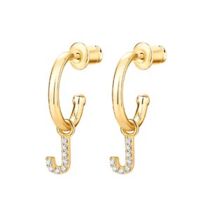 PAVOI 14K Yellow Gold Plated 925 Sterling Silver Post Huggie Earring With Initial Dangle |CZ Initial Huggie Hoop Earrings | Womens Cubic Zirconia "J" Initial Huggies