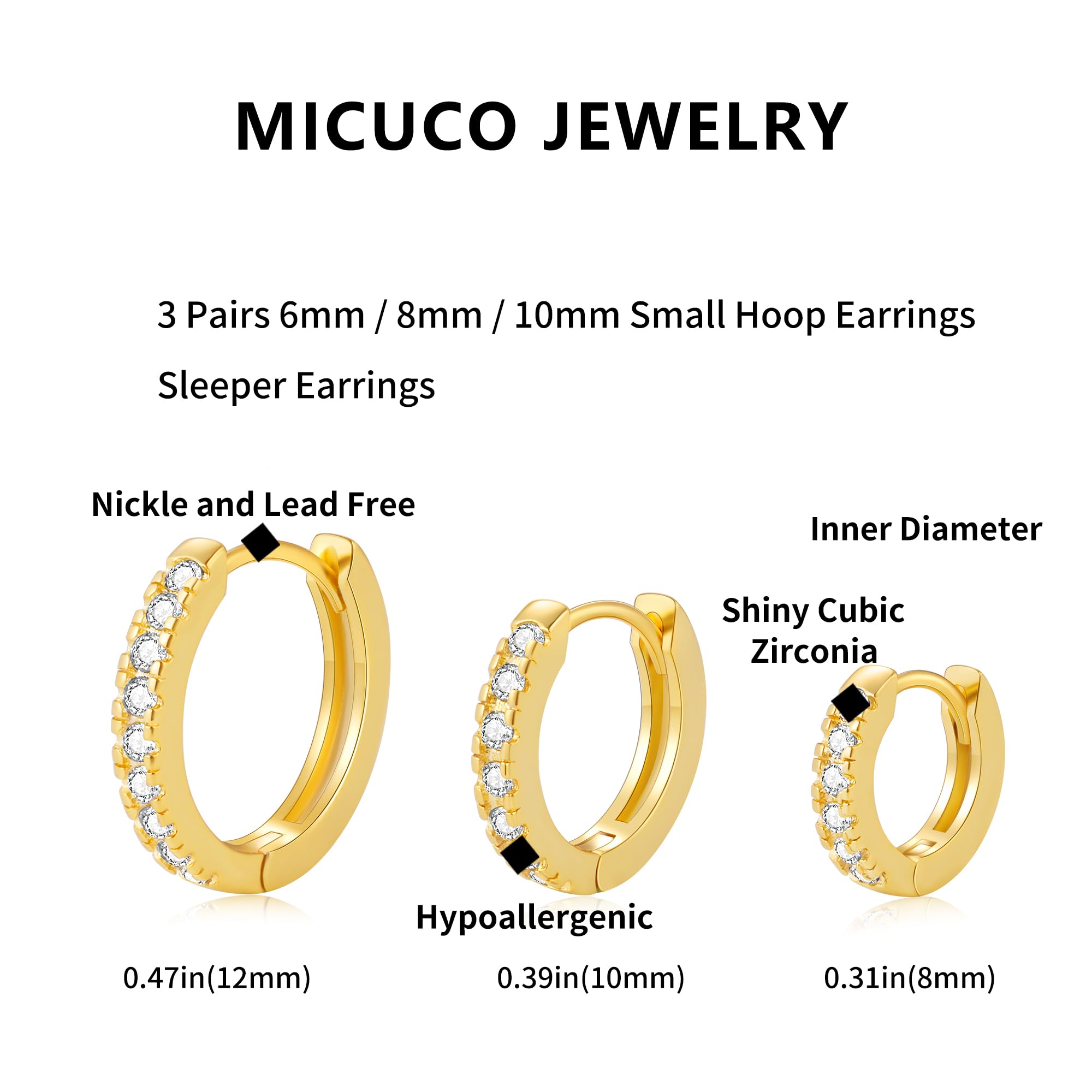 micuco 3 Pairs Small Hoop Earrings Tiny Cartilage Earrings for Women Cubic Zirconia Earrings Gold Plated Huggie Hoop Ear Piercing Earrings for Men Gold Plated 8mm 10mm 12mm