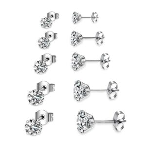 5 Pairs Stud Earrings Set 316 Stainless Steel Earrings,Hypoallergenic Cubic Zirconia Surgical Steel Earrings for Woman Man Girls(3-7mm)