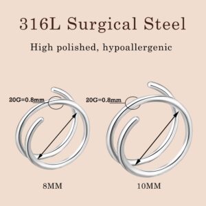 Trinckle 2 Pairs Double Hoop Earrings,Silver Tiny Twist Earrings for Single Piercing, Huggie Helix Piercing Jewelry 316L Surgical Steel Faux Double Cartilage Hoop Earrings for women