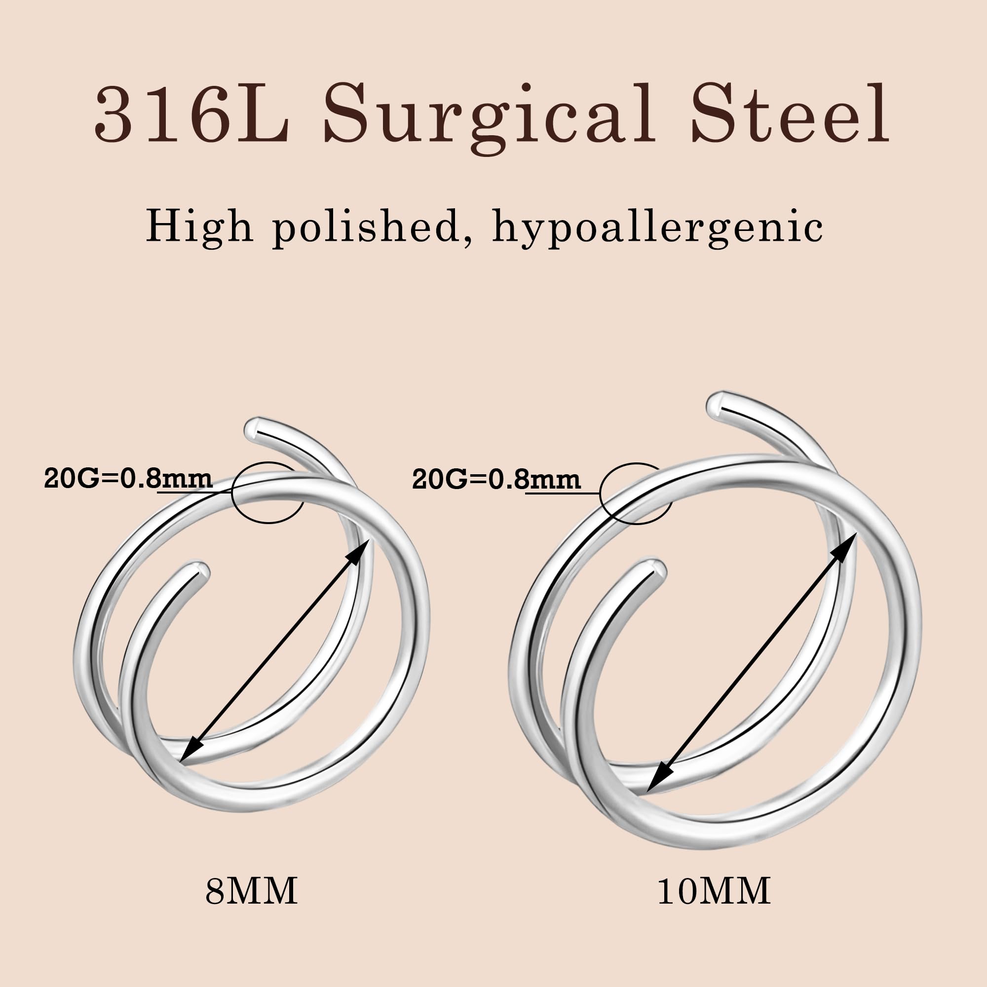 Trinckle 2 Pairs Double Hoop Earrings,Silver Tiny Twist Earrings for Single Piercing, Huggie Helix Piercing Jewelry 316L Surgical Steel Faux Double Cartilage Hoop Earrings for women