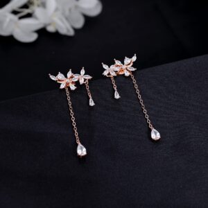 SLUYNZ 925 Sterling Silver Flower Dangle Earrings for Women CZ Wedding Earrings Crawler Earrings Wrap Earrings Elegant Bridal Earrings(B-Rose Gold)