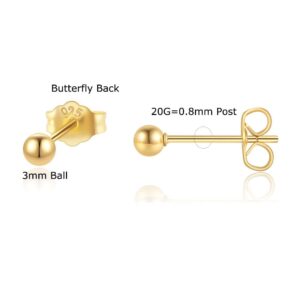 Tiny 3mm Ball Stud Earrings for Women,Dainty Mini Ball Earrings for Cartilage Helix Earlobe Piercing 316L Surgical Stainess Steel Hypoallergenic (3mm Ball, Gold)