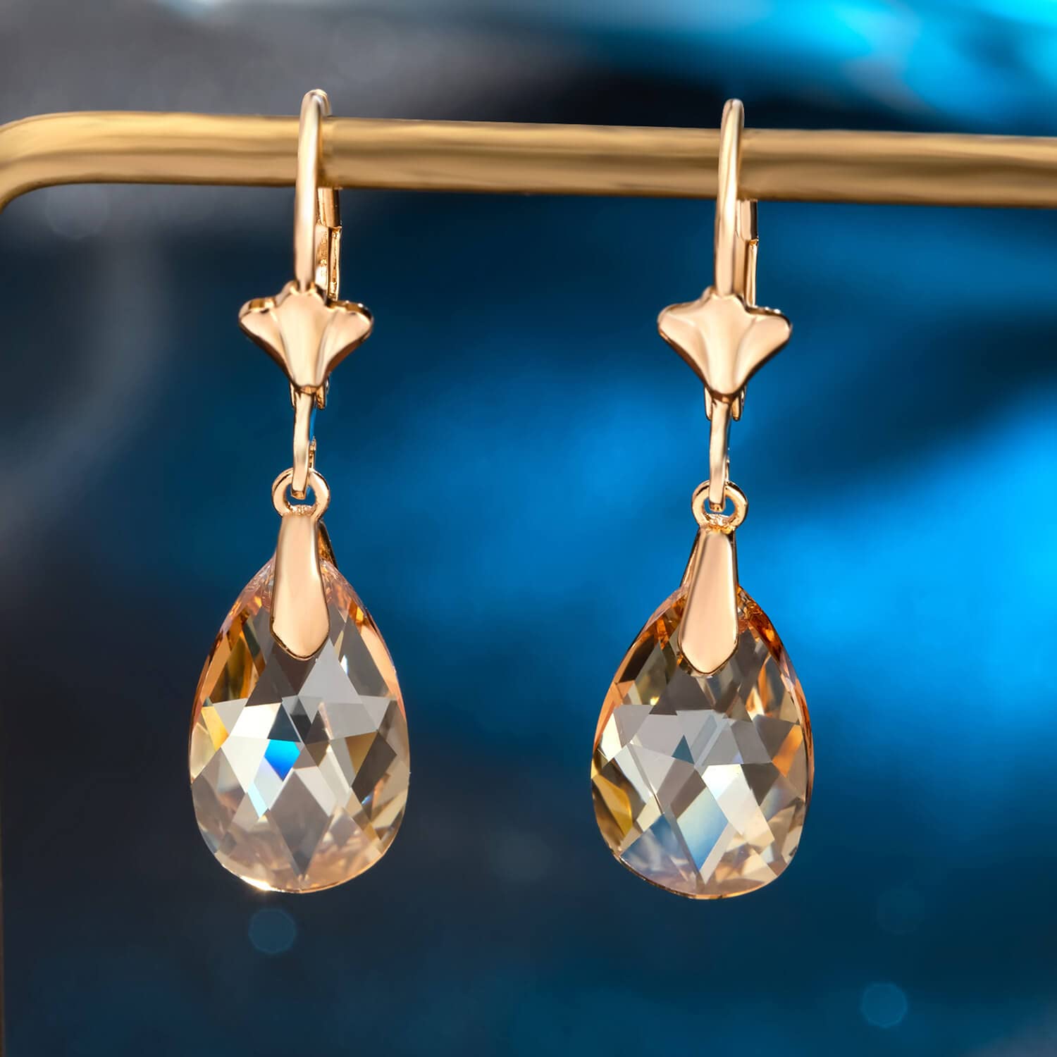 Austrian Crystal Teardrop Leverback Dangle Earrings for Women Fashion 14K Gold Plated Hypoallergenic Jewelry (Topaz)