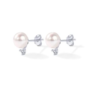 PAVOI Rhodium Plated 925 Sterling Silver Post Cubic Zirconia | AAA+ Quality Handpicked Freshwater Cultured Stud Button Pearl Earrings