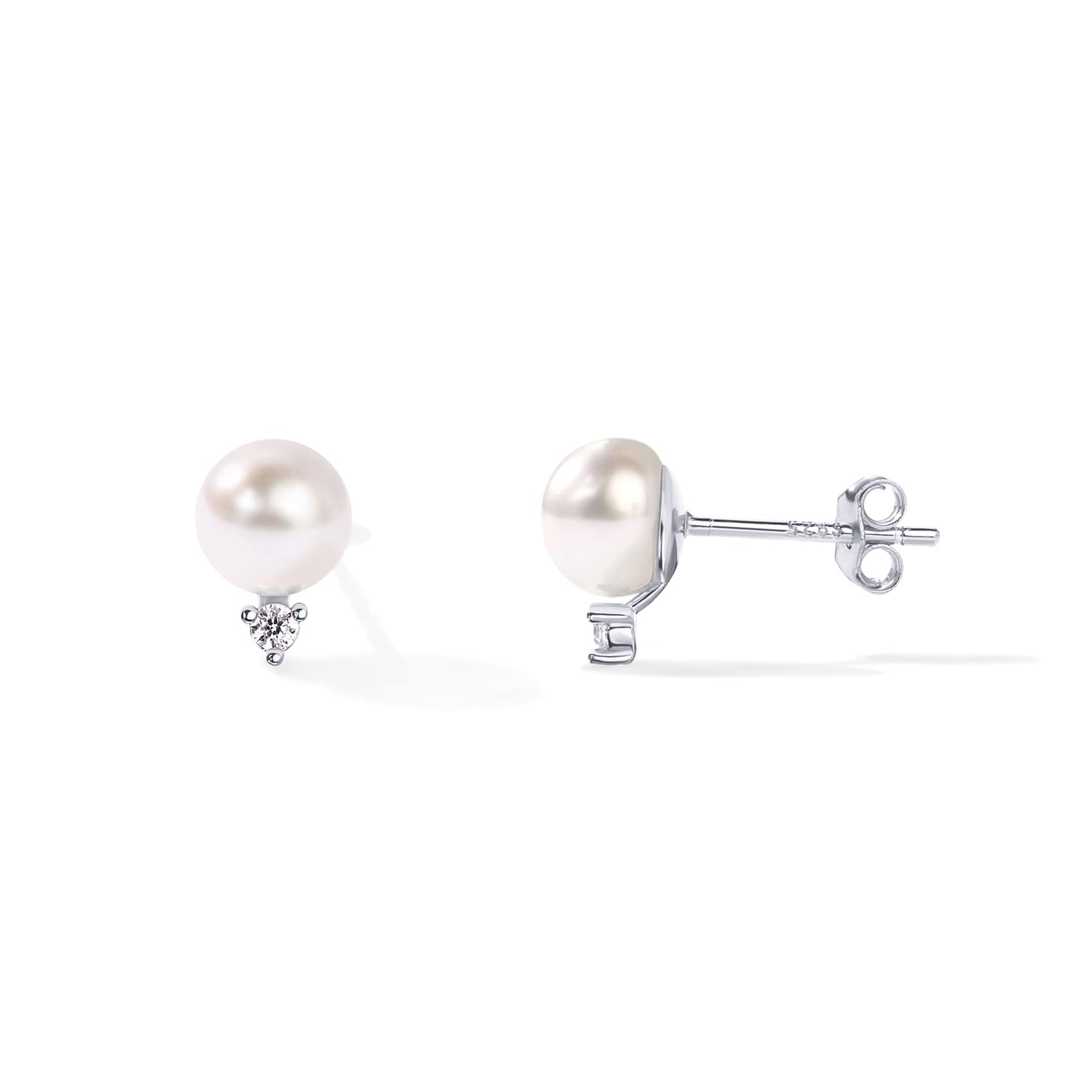 PAVOI Rhodium Plated 925 Sterling Silver Post Cubic Zirconia | AAA+ Quality Handpicked Freshwater Cultured Stud Button Pearl Earrings