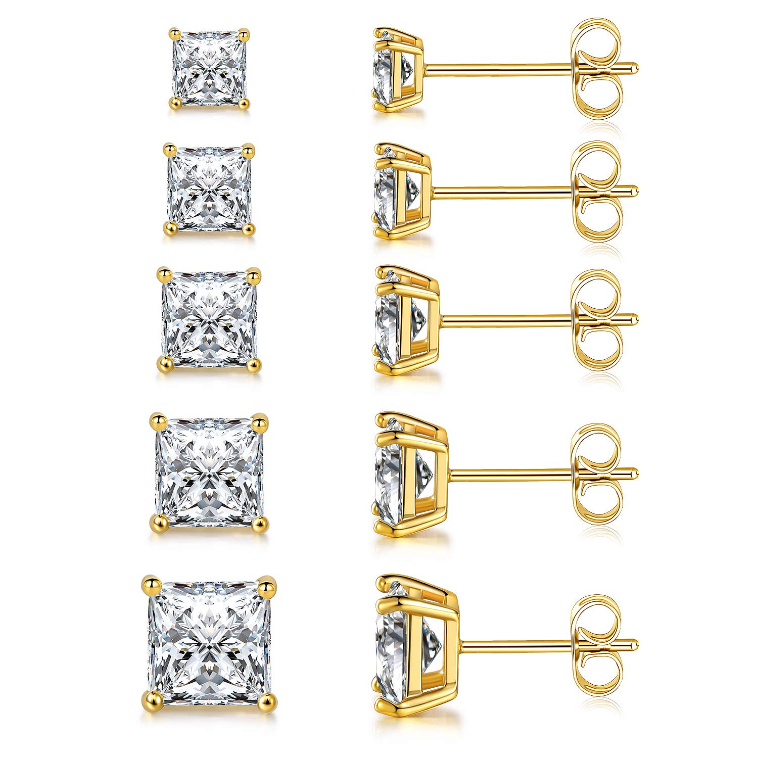 MDFUN 18K Yellow Gold Plated Princess Cut Square Clear Cubic Zirconia Stud Earring Pack of 5 Pairs