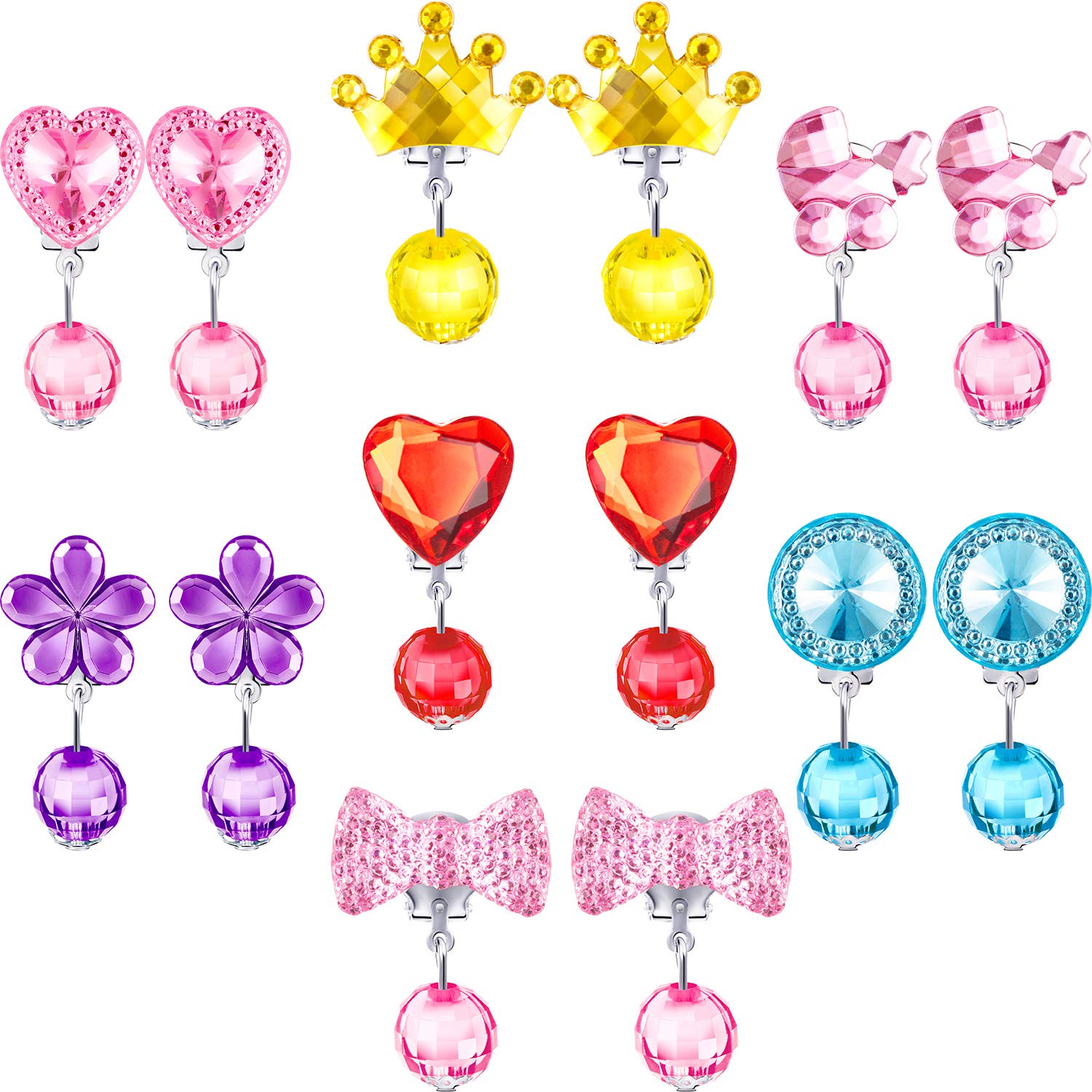 7 Pairs Girls Clip on Earrings Pretend Princess Jewelry Earring Play Earrings and 7 Pairs Earrings Pads in Pink Box