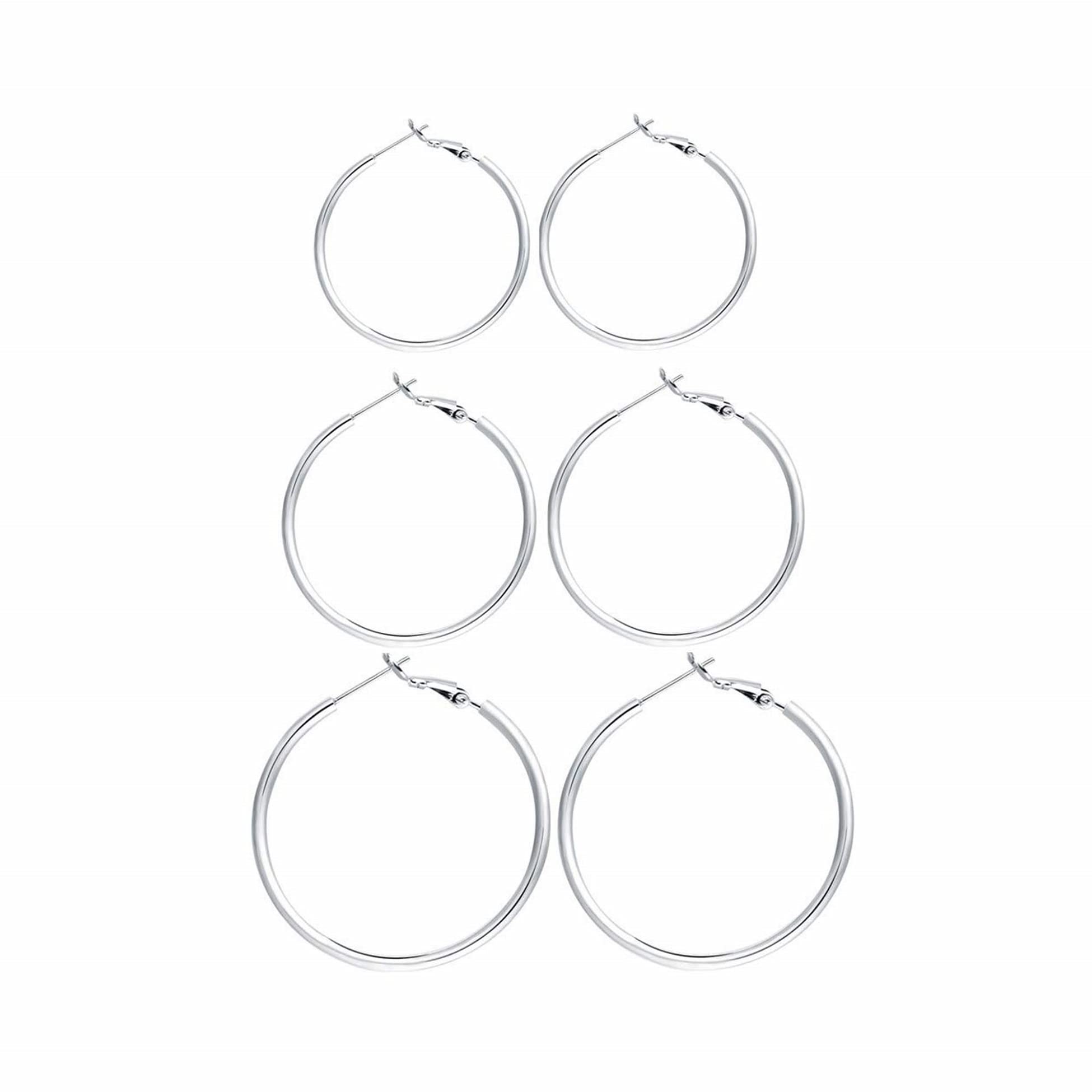 3 Pairs Sterling Silver Hoop Earrings - 14k White Gold Plated Hoop Earrings Big Hoop Earrings Set Silver Hoop Earrings for Women Valentine's Day Gift Jewelry(40MM 50MM 60MM)