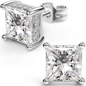 18K White Gold Plated Sterling Silver Princess Cut Cubic Zirconia Stud Earrings Square Simulated Diamond CZ Stud Earrings for Women Men Hypoallergenic (7MM, White Gold)