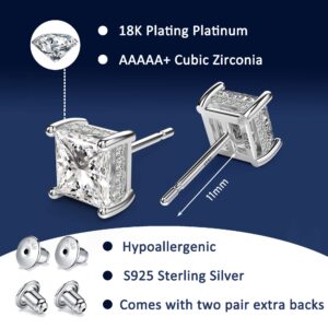 18K White Gold Plated Sterling Silver Princess Cut Cubic Zirconia Stud Earrings Square Simulated Diamond CZ Stud Earrings for Women Men Hypoallergenic (7MM, White Gold)