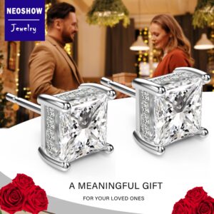 18K White Gold Plated Sterling Silver Princess Cut Cubic Zirconia Stud Earrings Square Simulated Diamond CZ Stud Earrings for Women Men Hypoallergenic (7MM, White Gold)