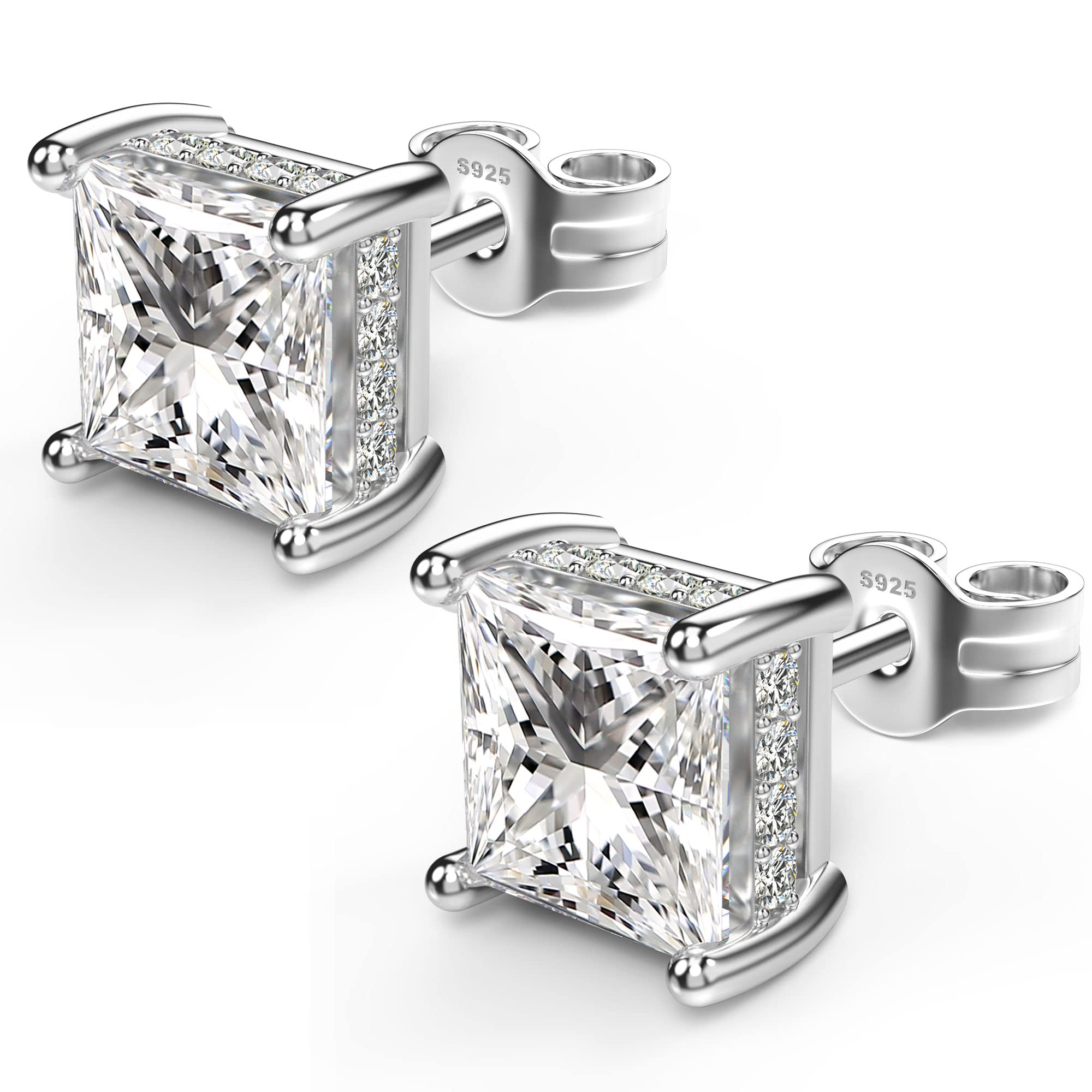 18K White Gold Plated Sterling Silver Princess Cut Cubic Zirconia Stud Earrings Square Simulated Diamond CZ Stud Earrings for Women Men Hypoallergenic (7MM, White Gold)