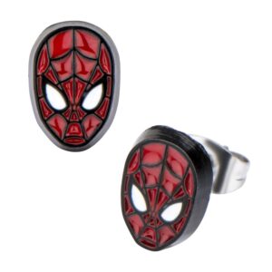 officially licensed hypoallergenic marvel comics girls spider man base metal face stud earrings, red, one size