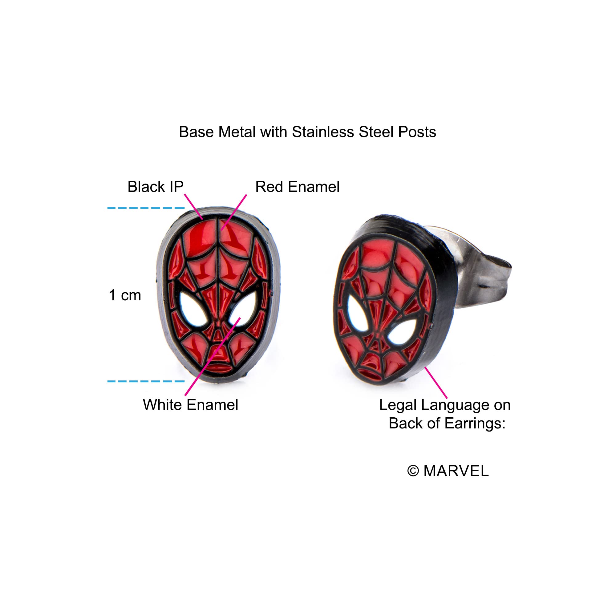 Officially Licensed Hypoallergenic Marvel Comics Girls Spider Man Base Metal Face Stud Earrings, Red, One Size